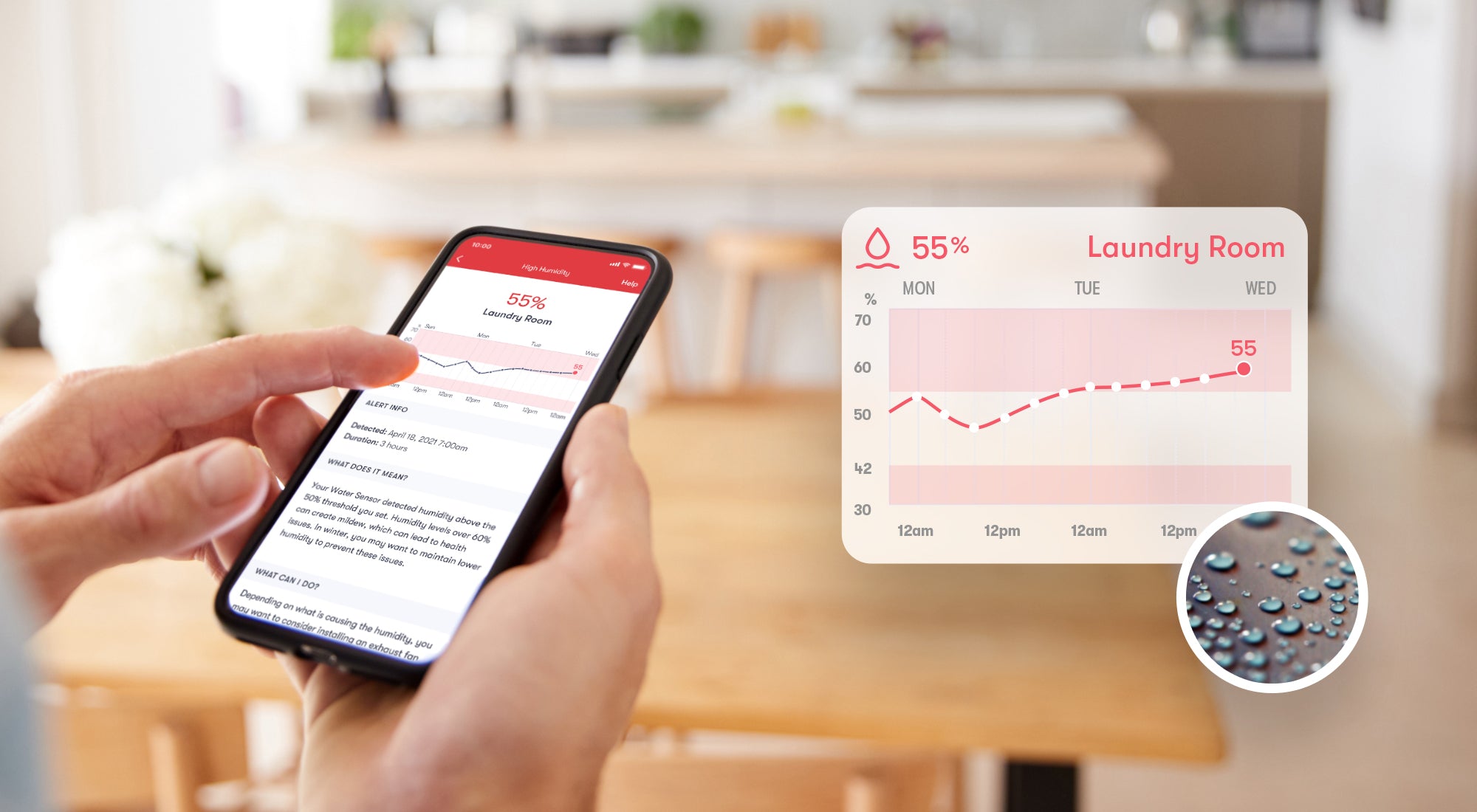 Graphic showing the Phyn water sensor and a hand holding a phone which is displaying the Phyn app's humidity alert notification.