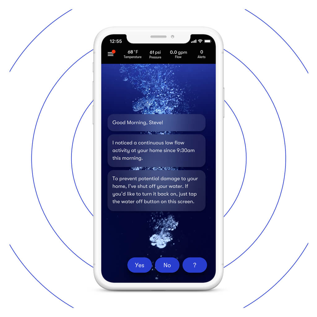 Mockup of the Phyn dashboard displayed on a phone showing the auto shutoff feature