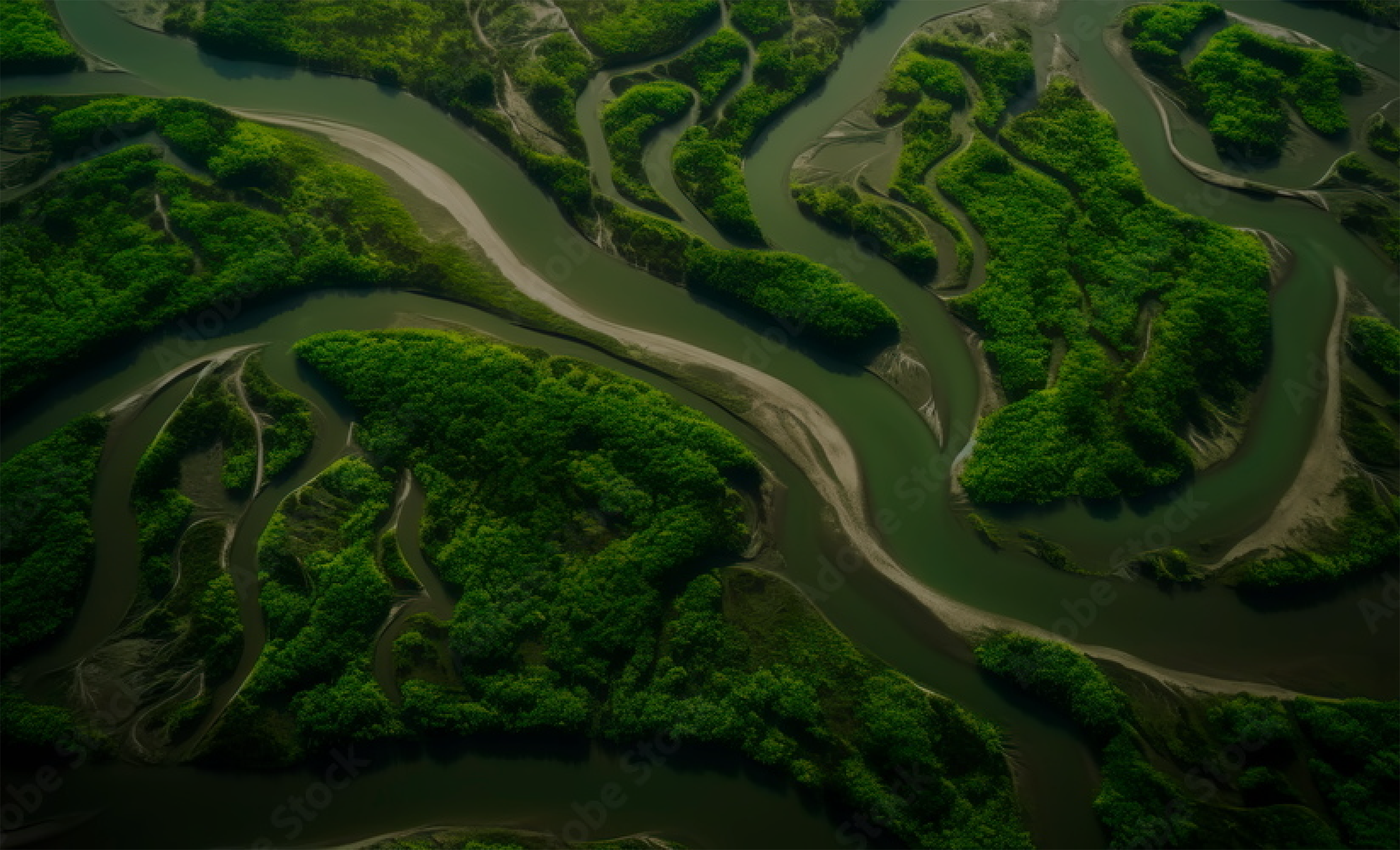 Aerial of a river flowing through green land
