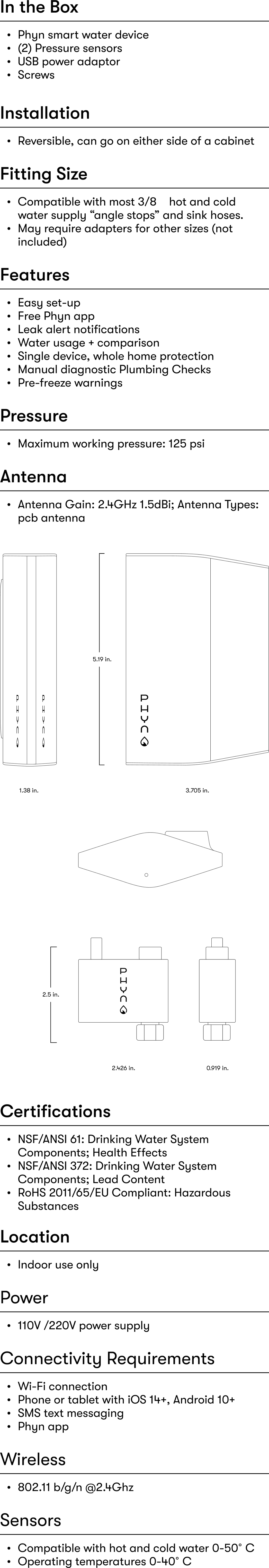 Tech specs for the Plus Smart Water Assistant with Shutoff V2