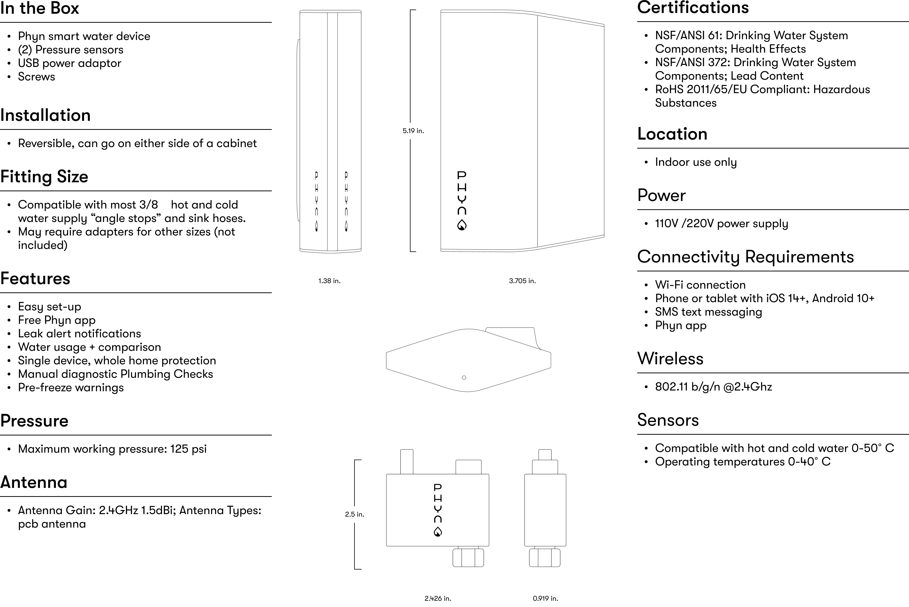 Tech specs for the Plus Smart Water Assistant with Shutoff V2
