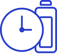An icon of a clock and a battery indicating a long lasting battery.