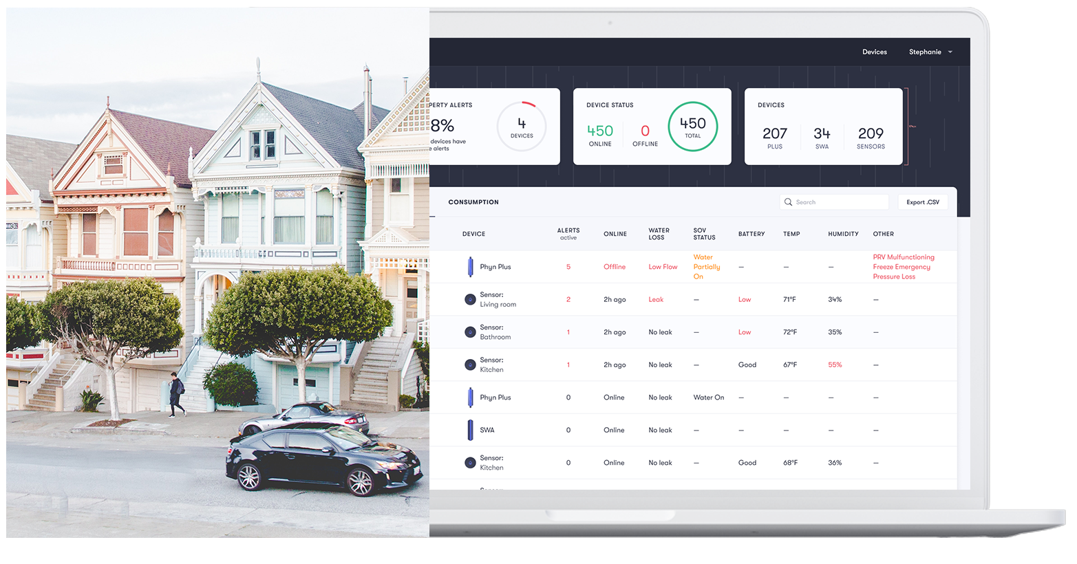 Collage of a row of pastel houses on the left and the Phyn Dashboard displayed on a laptop screen on the right