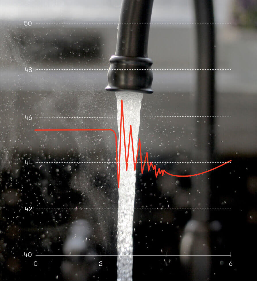 Water pouring out of a kitchen faucet with a graphic chart overlaid