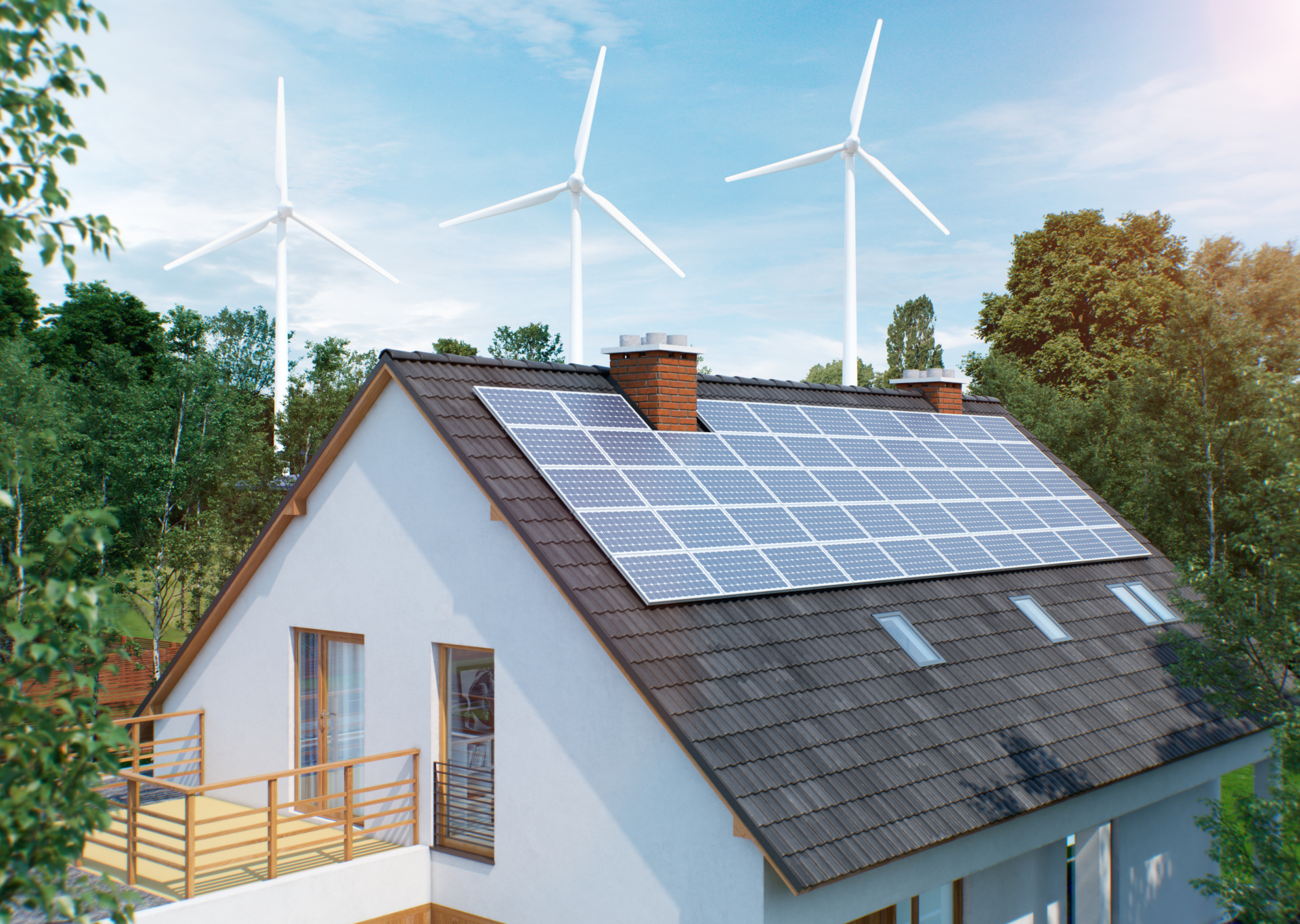 A house with solar paneling in front of a wind farm