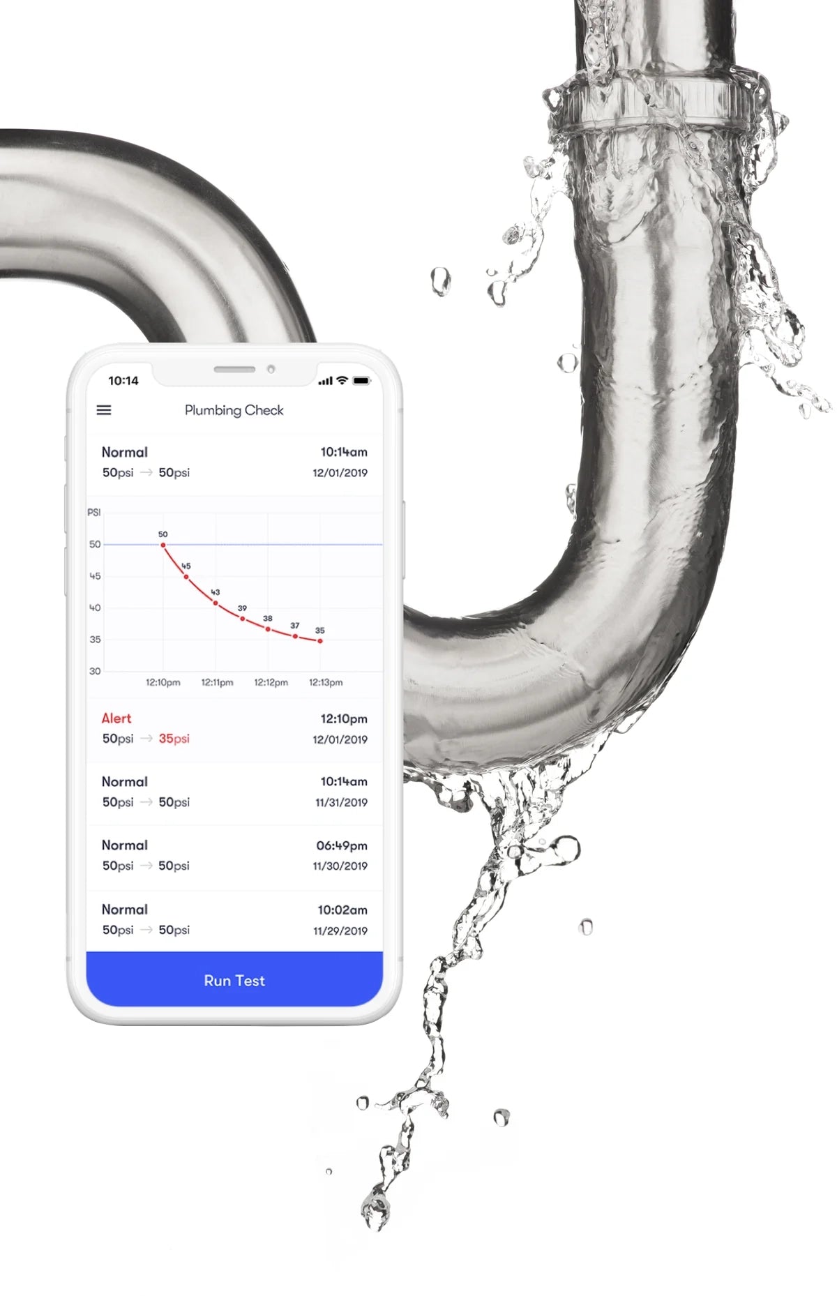 A phone showing the Phyn App's Plumping Check feature in front of a leaky pipe. 