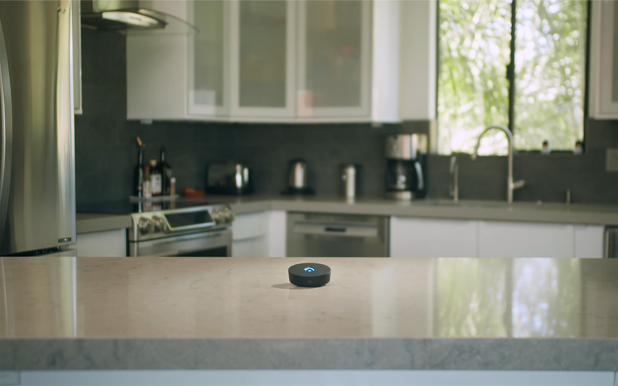 A Phyn water sensor sitting on a kitchen counter